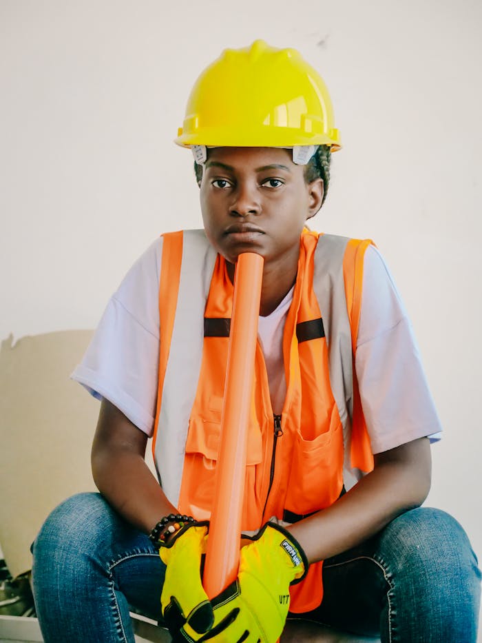 Young worker in construction gear with PPE sitting and holding a safety cone.